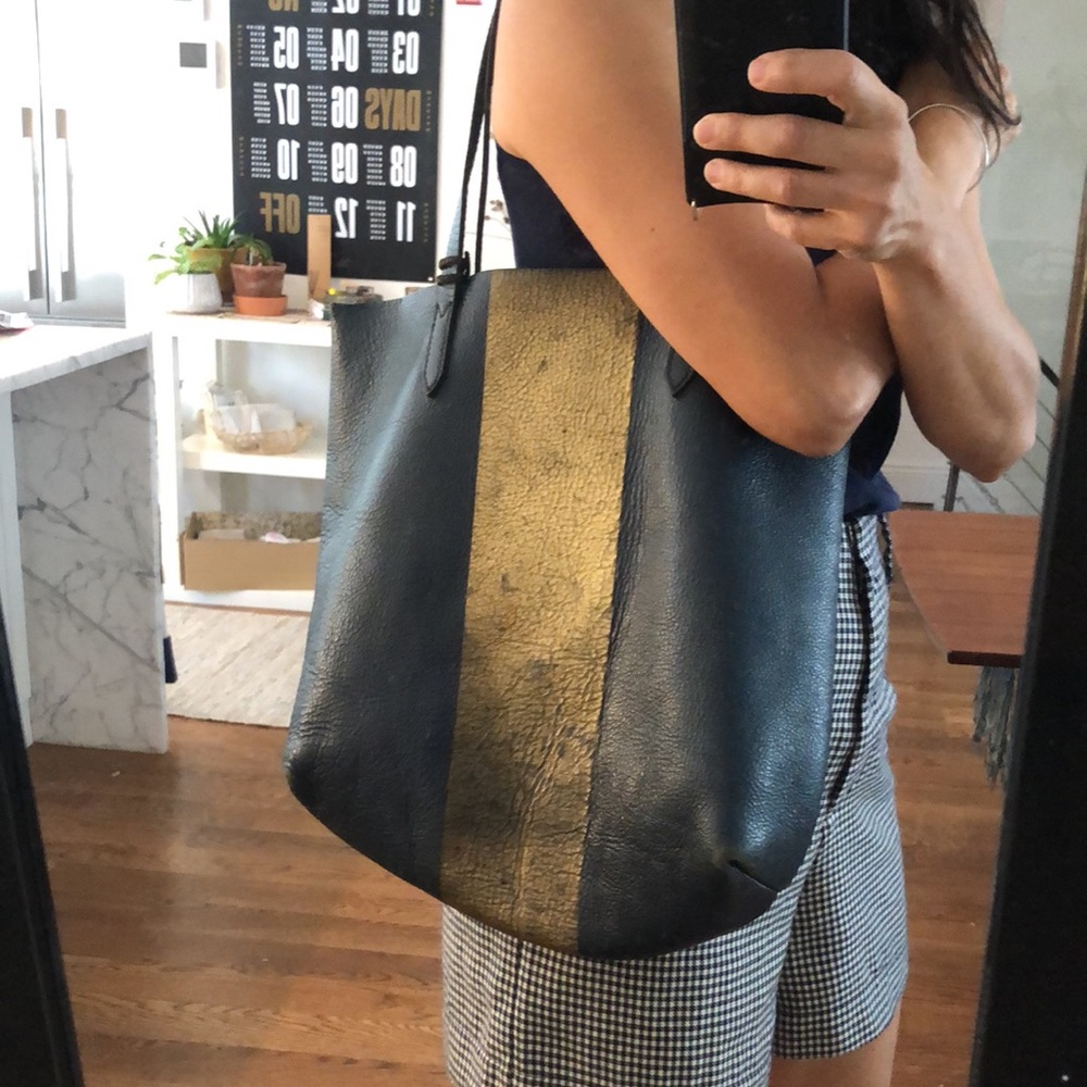 J Crew Downing Tote - Navy Leather with Gold Stripe